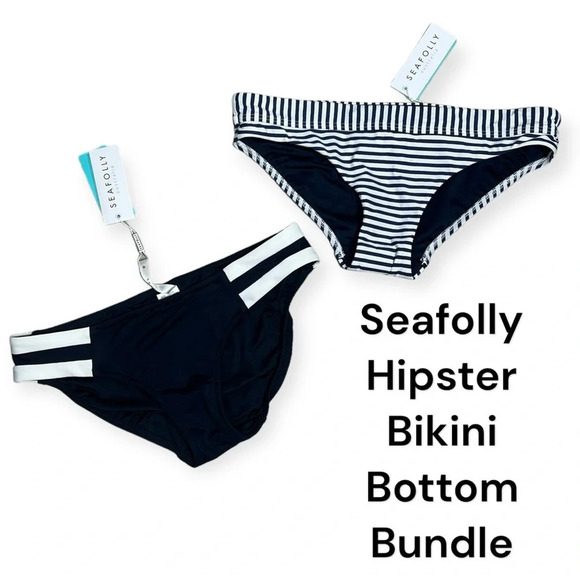SEAFOLLY navy and white hipster bikini bottom bundle size 6 - Picture 1 of 7